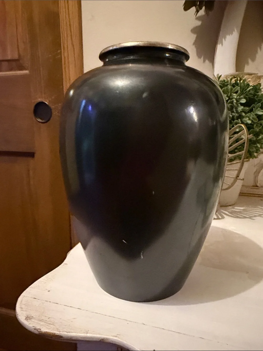 Vintage Japanese Black Mixed Metal Vase Flying Cranes Ikebana Urn